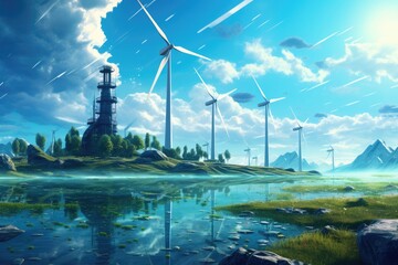 Image of renewable energy. Solar power plants and Windmills,Renewable Energy Images of renewable energy sources wind turbines, solar panels,  Ai generated - obrazy, fototapety, plakaty