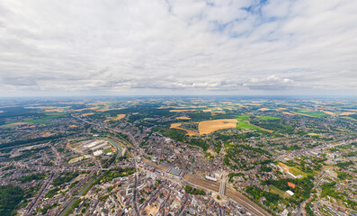 Fototapeta na wymiar Namur, Belgium. Panorama of the city. Summer day, cloudy weather. Aerial view