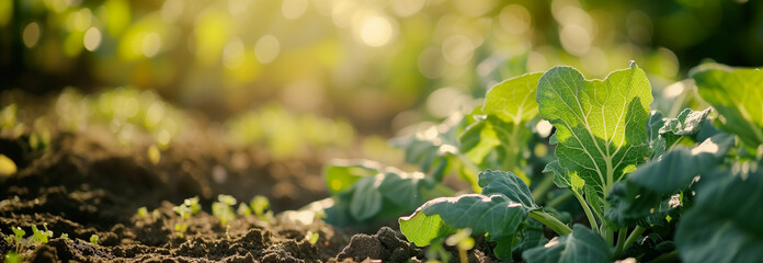 The Collards cabbage on the garden bed. Close up. Copy space for text. Blurred background. Banner slider template. - 752776636