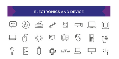 Electronics and Device, Personal Devices and gadgets Related Vector Line Icons. Contains such as mobile, Tablet, Desktop PC Workstation, watch