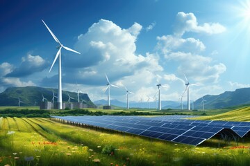 Image of renewable energy. Solar power plants and Windmills,Renewable Energy Images of renewable energy sources wind turbines, solar panels,  Ai generated