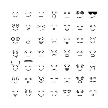 Naklejki Doodle Faces Simple Set. Emoticon with Different Emotions Funny Collection. Vector Illustration of Emoji Icons.