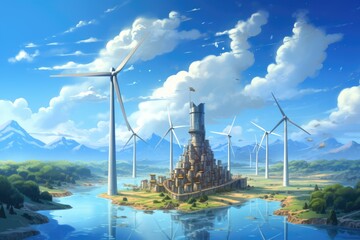 Image of renewable energy. Solar power plants and Windmills,Renewable Energy Images of renewable energy sources wind turbines, solar panels,  Ai generated