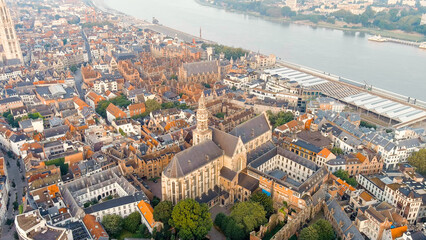 Antwerp, Belgium. Cathedral of St. Paul. The City Antwerp is located on the river Scheldt (Escaut). Summer morning, Aerial View - obrazy, fototapety, plakaty