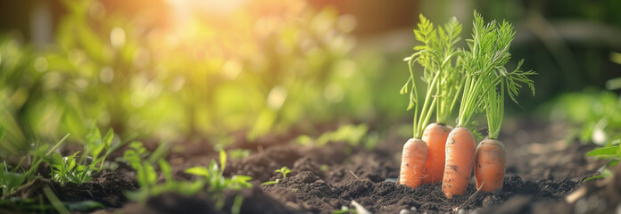 Carrots root vegetable on the garden bed. Close up. Copy space for text. Blurred background. Banner slider template. - 752777098