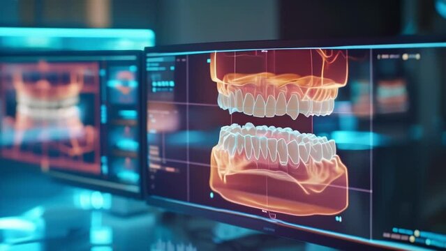 Multiple holographic displays show different angles and crosssections of a patients dental structure as a dentist yzes and plans for orthodontic treatment.
