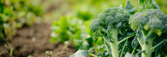 The Broccoli cabbage on the garden bed. Close up. Copy space for text. Blurred background. Banner slider template. - 752777442