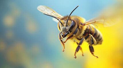 Bee mid-flight with detailed wings and eyes.