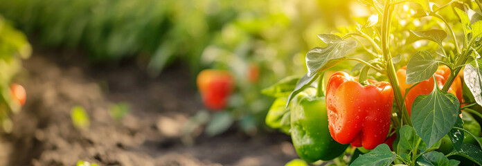 Bell peppers vegetable plant on the garden bed. Close up. Copy space for text. Blurred background. Banner slider template. - 752777832