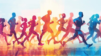 People running silhouettes set, sports and activity background