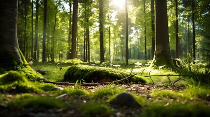 Panoramic view of a forest with moss covered trees and sunlight