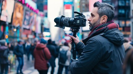 Videographer filming with professional camera in a bustling city street