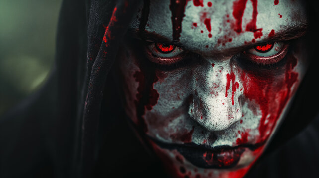 Hooded figure with bloodied face.