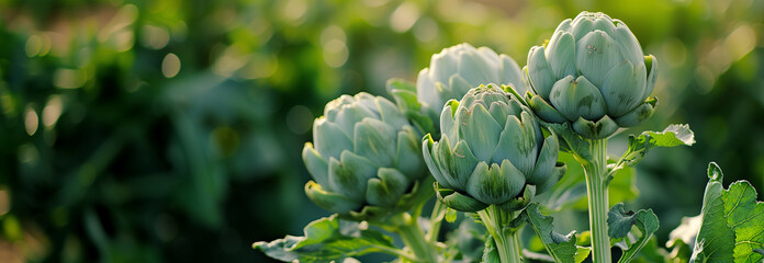 Artichokes vegetable on the garden bed. Close up. Copy space for text. Blurred background. Banner slider template.