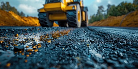 A road with construction equipment in close-up. Generative Ai - obrazy, fototapety, plakaty