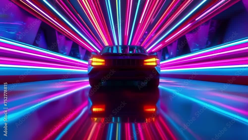Poster a low angle shot captures the underside of a car as it pes over a neonlit bridge creating a mesmeriz