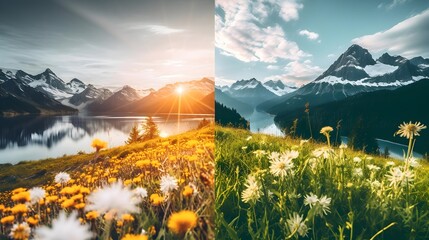 Beautiful summer landscape. Panoramic view of alpine meadow with dandelions and mountain lake. - obrazy, fototapety, plakaty