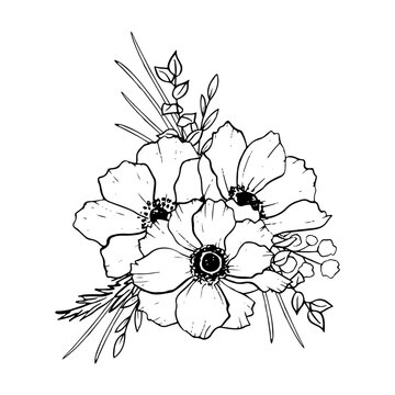 recommend clip art: Black and white line anemone flowers bouquet with eucalyptus and grass vector floral illustration. Field poppy for logo design, wedding invitations and prints