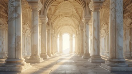 Arcade and a corridor of white columns. A passage of marble columns. Background with perspective going into distance