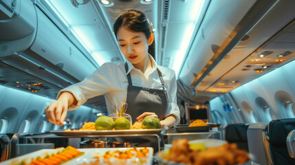 A flight attendant is seen preparing an in-flight meal specifically catered for business class...