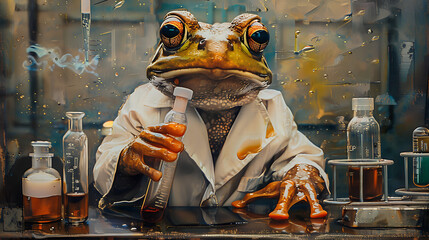 frog working in laboratory - obrazy, fototapety, plakaty