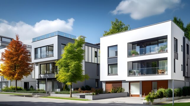 Panoramic view of modern apartment building exterior. Modern european residential architecture.