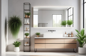 elegant and stylish interior of modern bathroom in natural grey colours. High quality illustration