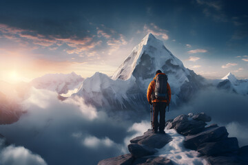 Hiker standing on a mountain peak and looking the sky, illustration, ai generated	