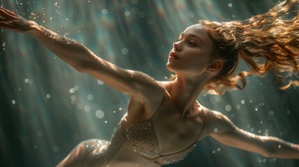 Underwater dance of a woman with cascading sunbeams and air bubbles - obrazy, fototapety, plakaty