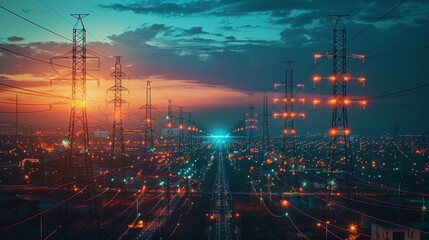 A complex electric power grid with illuminated lines and pylons dominates the cityscape at twilight. The intricate network of energy infrastructure