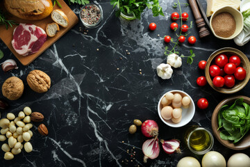 Fototapeta na wymiar Top view of herbs and spices cuisine on black stone marble table background with empty space, food ingredient for cooking, various of spices.