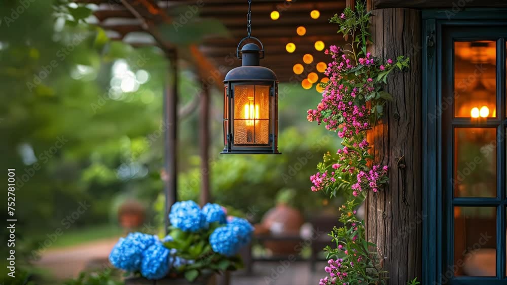 Poster a closer look at a rustic lanternstyle light hanging above a wooden patio creating a rustic yet eleg