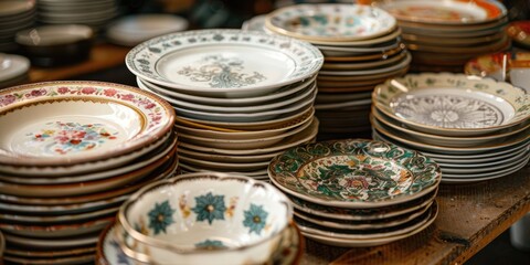 Old plates in a pile of vintage dishes. Second hand. Generative Ai