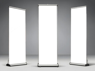 A set of blank roll-up, pop-up, or pull-up banners stands for advertising, marketing, or promotional use mock-up.