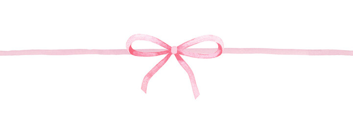 Ribbon Bow Border. Watercolor illustration of pink gift wrap. Hand drawn on white isolated background. Painting of template frame for card and invitation. Drawing of satin knot banner
