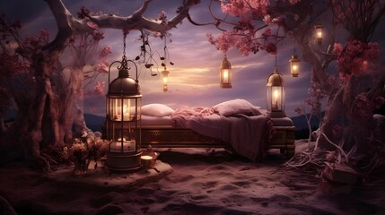 3d rendering of a dreamy landscape with a bed and a lantern