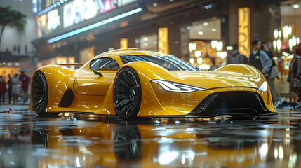 Yellow sports car parked in rain with building backdrop - obrazy, fototapety, plakaty