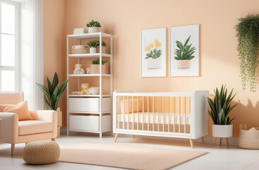 modern styled nursery in light beige and peach colors. High quality illustration