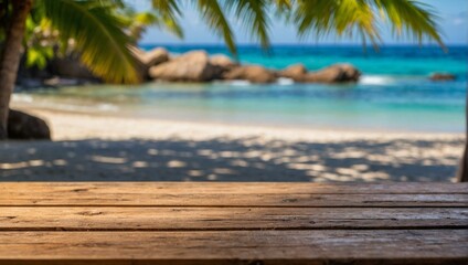 The picturesque serenity of a tropical beach is viewed from a rustic wooden deck, suggesting relaxation