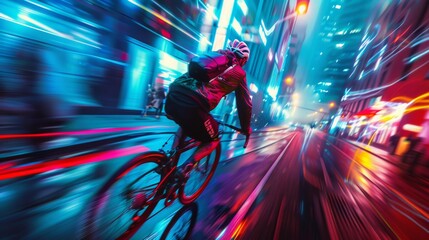 Cyclist racing through neon-lit city streets at night