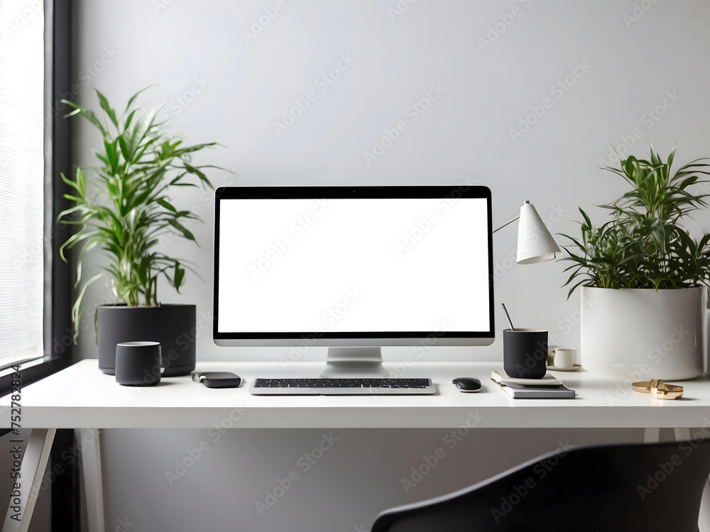 Poster workspace design with mockup blank screen laptop computer design.
