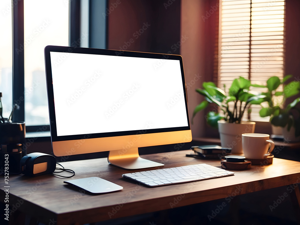 Poster workspace design with mockup blank screen laptop computer design.