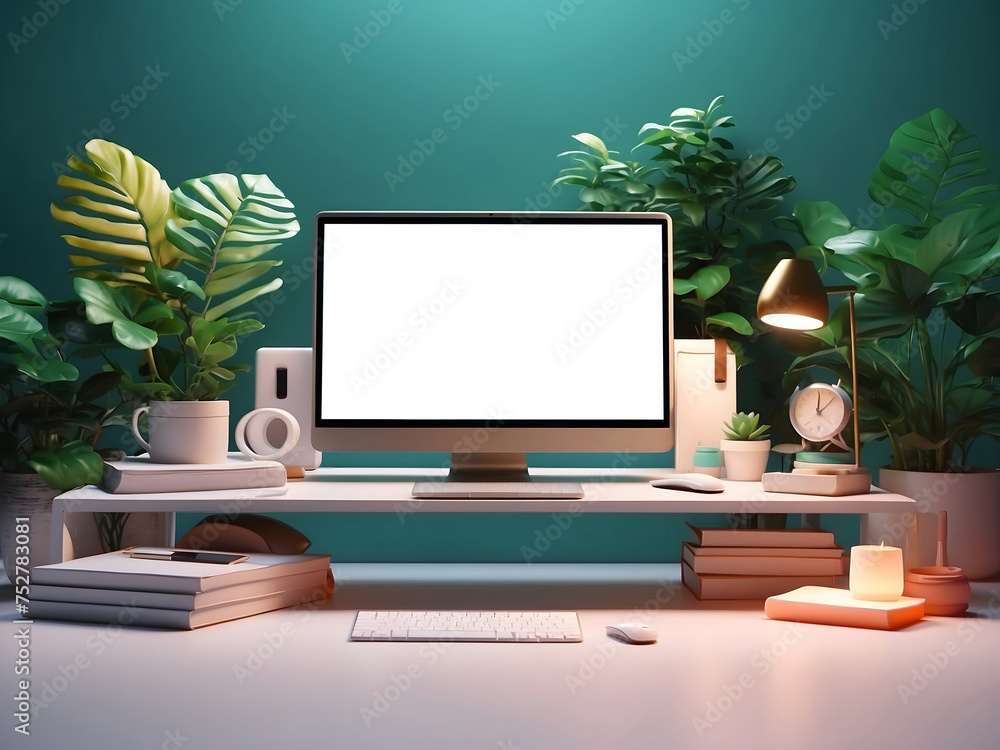 Poster workspace design with mockup blank screen laptop computer design.