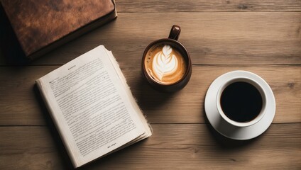 A soothing layout with a cup of coffee displaying intricate latte art, alongside an open book on a wooden surface