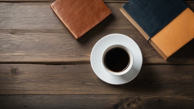 A neatly arranged scene featuring a cup of black coffee, leather-bound books, embodying a sense of intellectual pursuit and relaxation