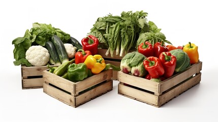 Harvest Bounty: Set of Wooden Boxes with Vegetables on a White Background