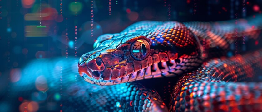 A futuristic python with laser eyes set against a colorful digital coding background