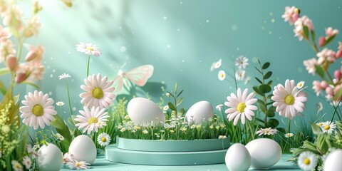 Easter egg spring and Easter podium background 3D product. Generative Ai