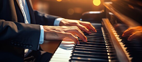 Elegant businessman in formal attire playing a grand piano with passion and skill