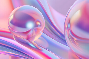 Colorful bright dreamy holo glass bubbles and waves background and wallpaper. Neural network generated in January 2024. Not based on any actual scene or pattern.